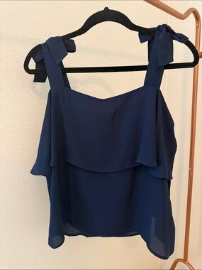LOFT Navy Tie-Shoulder Layered Ruffle Tank